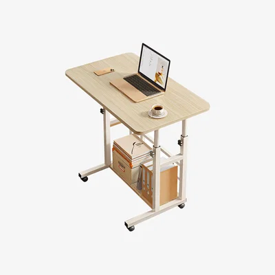 The Range Height Adjustable Overbed Desk with Wheels - White + Light Oak