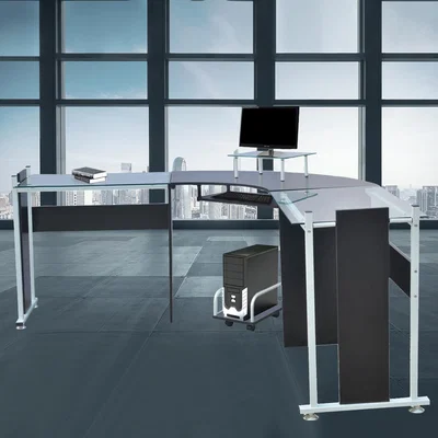 The Range Corner Computer Desk Tempered Glass Office Table With Raised PC Laptop Tray - Black