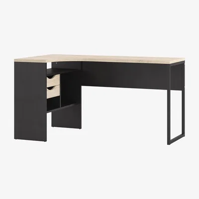 The Range Focus Corner Desk With Two Drawers - Matt Black/Oak
