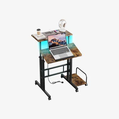 The Range Standing Desk with Power Outlets with Strip Lights - brown