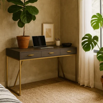 The Range Fortaleza Brown Shagreen Desk with Brushed Brass Legs and Two Drawers - Brown shagreen