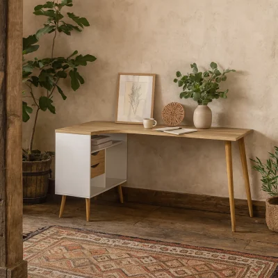 The Range Wyld Haus Sapporo Desk White and Natural Oak, 2 Drawers - White and Natural Oak