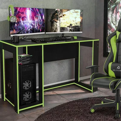 The Range Ross Gaming Desk Computer Table Workstation, Black With Bright Trim - Green