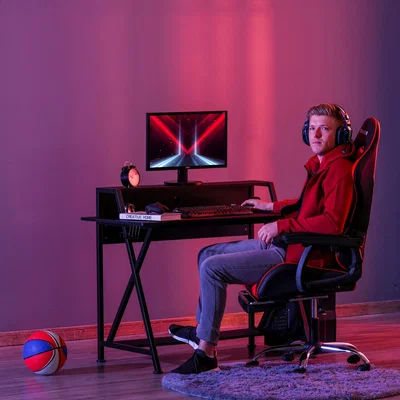The Range Competitive Gamer Desk with Cup Holder and Headset Rack - Black