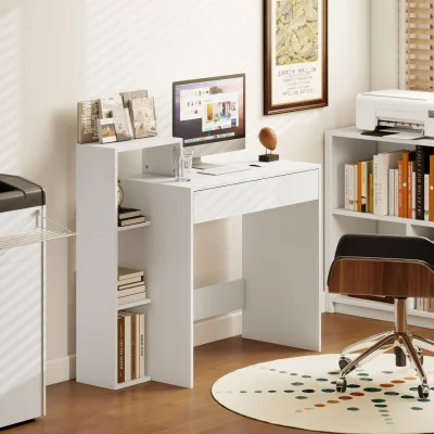 The Range HOMCOM Computer Desk with 3 Open Shelves and Drawer, White - White