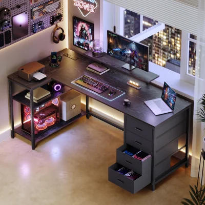 The Range L shaped computer desk with power outlets usb ports four drawers - Black
