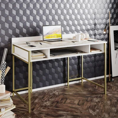 The Range Tumata 120cm Wide Desk - Ephesus Marble Effect and Gold - White and Gold
