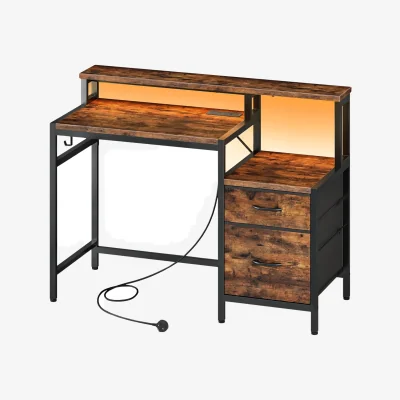 The Range Industrial Computer Desk With Drawers, USB Outlets and LED Lights - Rustic Brown