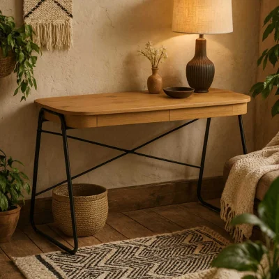 The Range Mosswood Effect Desk with Metal Frame 2 Drawers - Neutral