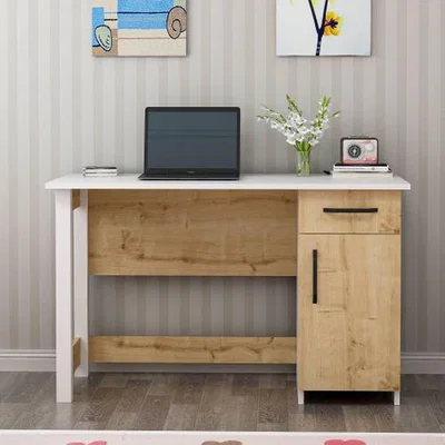 The Range Novella Computer Desk with Drawer and Cabinet - White & Sapphire Oak