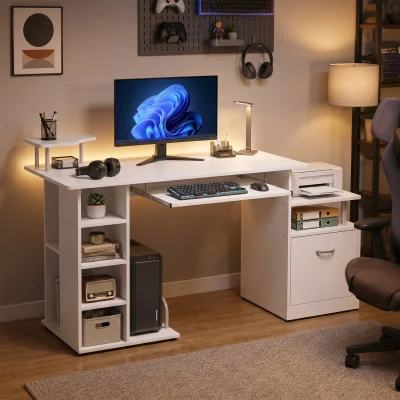 The Range HOMCOM Wooden Computer Desk with Drawer and Shelf - White Wood Effect