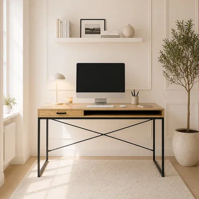 The Range Seaford Office Desk with 1 Drawer in Black and Oak - Oak & Black