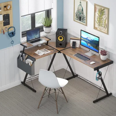 The Range L Shaped Computer Corner Desk With Computer Monitor Stand For Home Office - Walnut