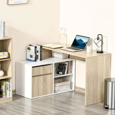The Range L Shaped Corner Computer Desk with Storage Shelf  - Oak Desk Top, White Cabinet
