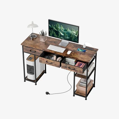 The Range Industrial 120CM Computer Desk With Drawers and USB Outlets - Rustic Brown