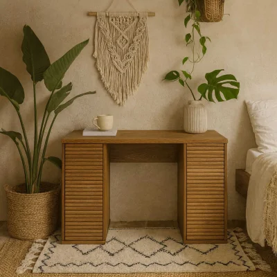 The Range Mandarina Retro Natural Ribbed Desk with Storage - Brown
