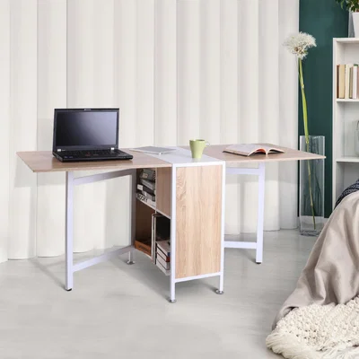 The Range Folding Table Computer Desk Workstation with Storage Shelves - Oak, White