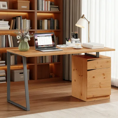 The Range HOMCOM Computer Desk with Cabinet, Drawer, Metal Legs, Natural