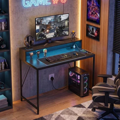 The Range HOMCOM Computer Desk with LED Lights and Power Outlets - Black Wood-Effect / 100cm