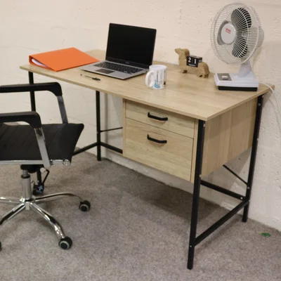 The Range Two drawer desk with oak effect and grey metal legs   - Oak effect finish