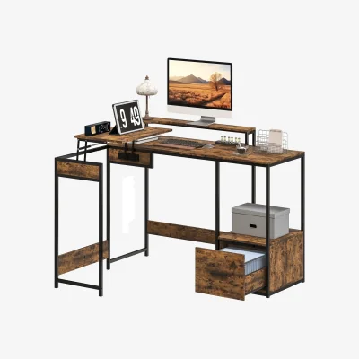 The Range Industrial L Shaped Computer Desk With Storage Drawer and Monitor Stand - Rustic Brown