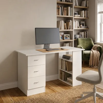 The Range Computer Desk With 3 Drawers and Shelves Wooden Office Desk - White