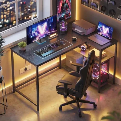 The Range L Shaped Computer Desk Reversible Shelves, Black - Ebony Black