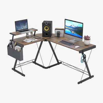 The Range Dripex L Shaped Computer Corner Desk with Monitor Stand Storage - Brown