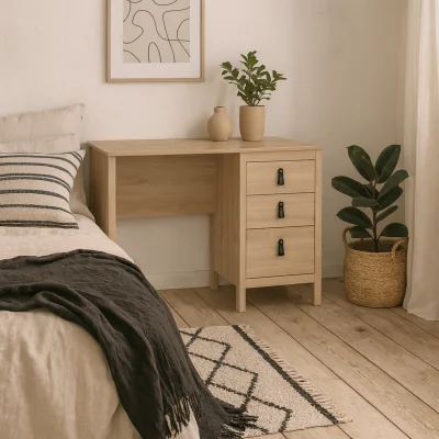 The Range Wyld Haus Wildberry Natural Oak Desk with 3 Drawers and Leather Strap Handles - Natural Oak