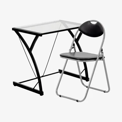 The Range Small Tempered Glass Top Computer Desk and Folding Chair 2 Piece Set - Black/Black