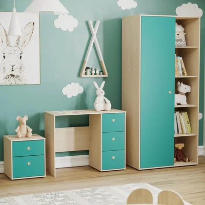 The Range Neptune 3 Piece Bedroom Set - Desk, 2 Drawer Bedside Cabinet, Wardobe - Blue and Oak