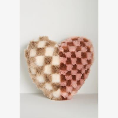 Anthropologie Checkered Heart Faux Fur Cushion