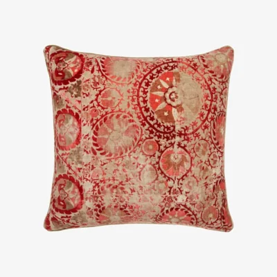 Andrew Martin Iznik Red, Sustainable Feather, Cushion, 55cm x 55cm - Andrew Martin Velvet Floral & Kilim