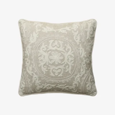 Andrew Martin Yurt Ivory, Sustainable Feather, Cushion - Andrew Martin Linen & Linen Blend Embroidered & Floral & Geometric