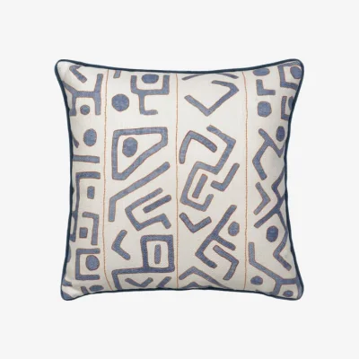 Andrew Martin Ashanti Denim / White, Sustainable Feather, Cushion, 55cm x 55cm, Denim White - Andrew Martin Linen & Linen Blend & Viscose Blend Geometric