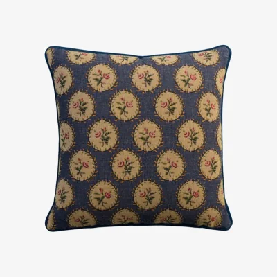 Andrew Martin Bobbin Indigo, Sustainable Feather, Cushion - Andrew Martin Kit Kemp Linen & Linen Blend Embroidered & Floral & Weave