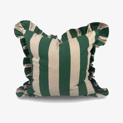 Barker and Stonehouse Green Striped Frill Cushion, Square 100% Cotton | Barker & Stonehouse