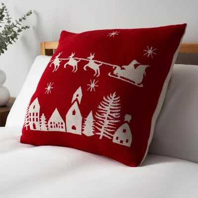 BHS.com Father Christmas on Sleigh Reversible Cushion, Red and White