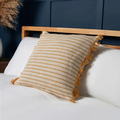 BHS.com 100% Cotton Stripe Cushion with Fringe, Ochre