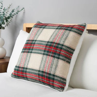 BHS.com Christmas Check Cushion with Sherpa Back, Multi-Coloured