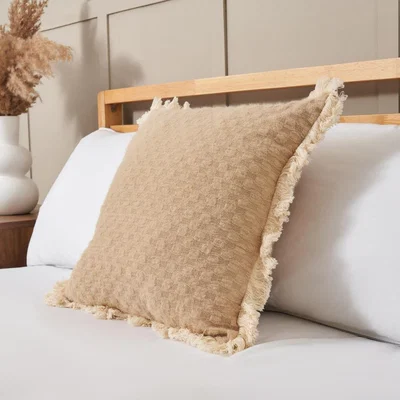 BHS.com Small Checkerboard Cushion with Fringe, Natural