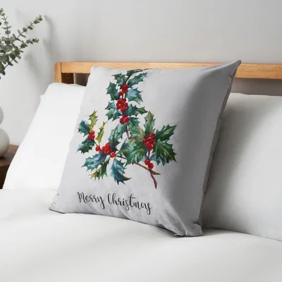 BHS.com Christmas Holly Print Cushion, Natural