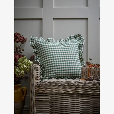 Cox and Cox Gingham Ruffle Square Cushion -Green