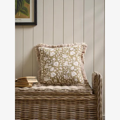 Cox and Cox Fringed Block Print Cushion - Burnt Honey