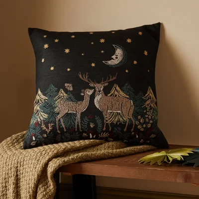 Dunelm Deer Scene Tapestry Cushion Green
