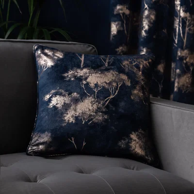 Dunelm Velour Tree Printed Cushion Navy Blue/Gold