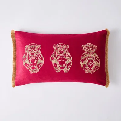 Dunelm Three Monkeys Velvet Cushion Fuschia