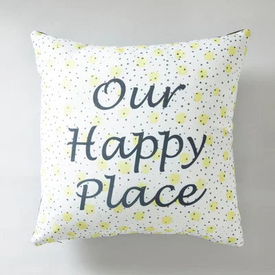 Dunelm Happy Place Slogan Cushion Blue, Yellow and White