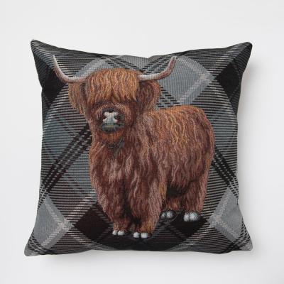 Dunelm Highland Cow Tapestry Cushion Grey, Black and Brown