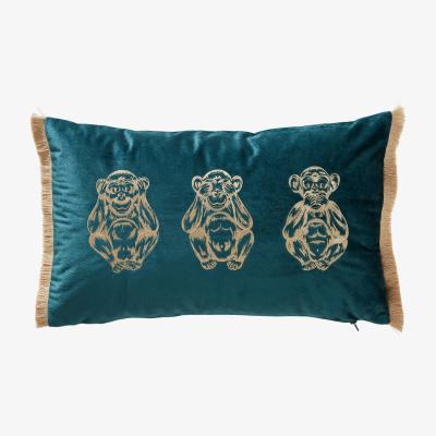 Dunelm Three Monkeys Teal Velvet Cushion Blue and Brown